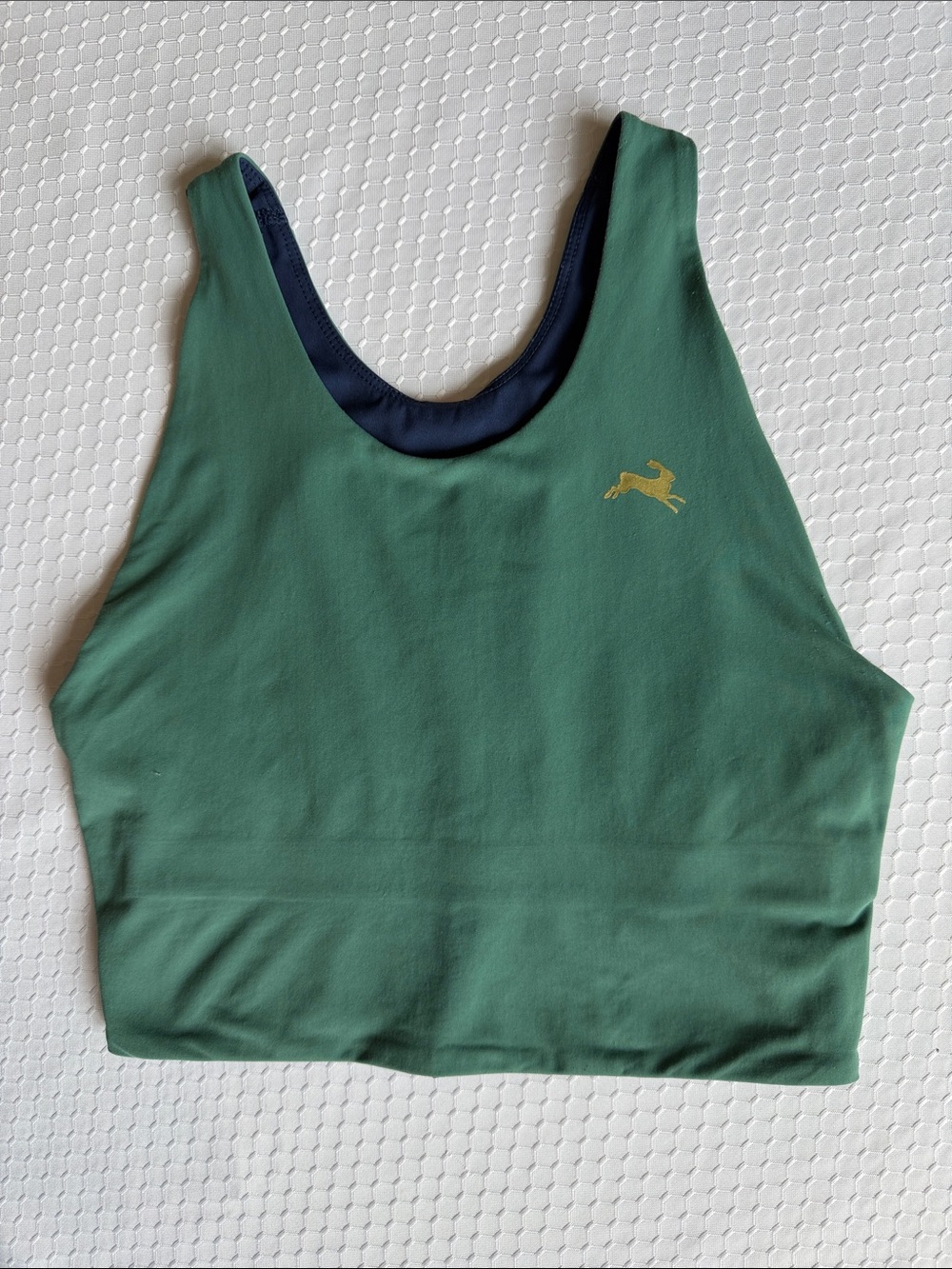Tracksmith Reversible Forest Green & Navy Sports Bra with Gold Hare